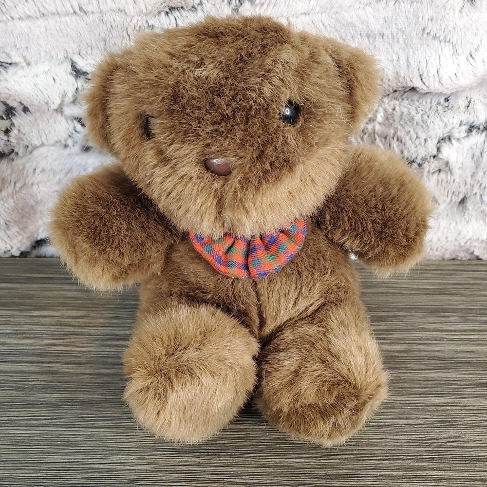 Commonwealth Vintage Brown 6" Sitting Teddy Bear Red Plaid Ribbon 1988
